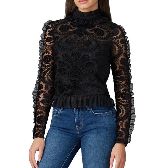 ML Monique Lhullier Black Velvet and Mesh Trim Blouse L - Picture 1 of 11